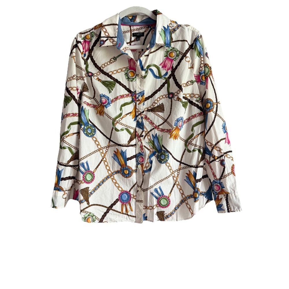 Talbots Women's Baroque Chain Ribbon Print Long Sleeve Shirt Size LP Equestrian